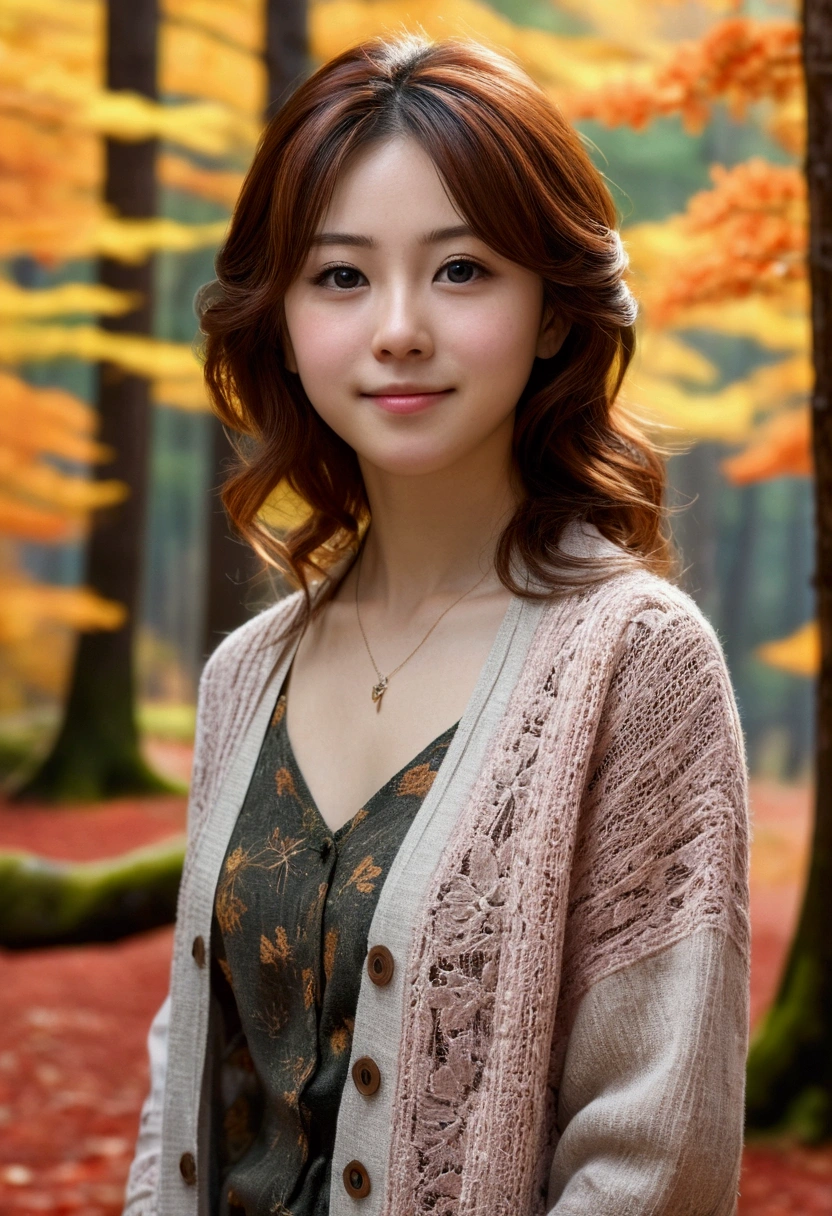 One girl,(Wearing a blouse and cardigan:1.2),(RAW Photos, Highest quality), (Realistic, photo-Realistic:1.4), masterpiece, Very delicate and beautiful, Very detailed, 2k wallpaper, wonderful, In detail, Very detailed CG unity 8k wallpaper, Very detailed, High resolution, Soft Light, Beautiful detailed girl, Very detailed eyes and face, Beautifully detailed nose, Beautiful attention to detail,Cinema Lighting,(In the beautiful pine forest of the Japanese countryside),(Autumn scenery:1.3),(Autumn maple tree),(Near a small rocky river),(Morning light),Perfect Anatomy,Slender body,smile,