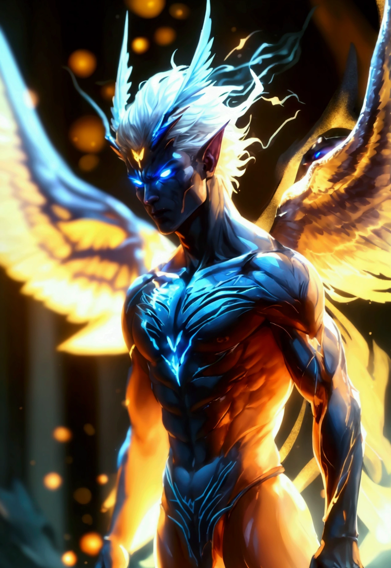 (mid_shot:1.3),(1 male:1.2),(muscle man:1.1),(frontal illumination:1.2) A sudden burst of energy ripples through the air as you transform, your body morphing into a towering, winged creature of the night. Your features become more angular and predatory, your eyes glowing with a fierce, vampiric intensity.