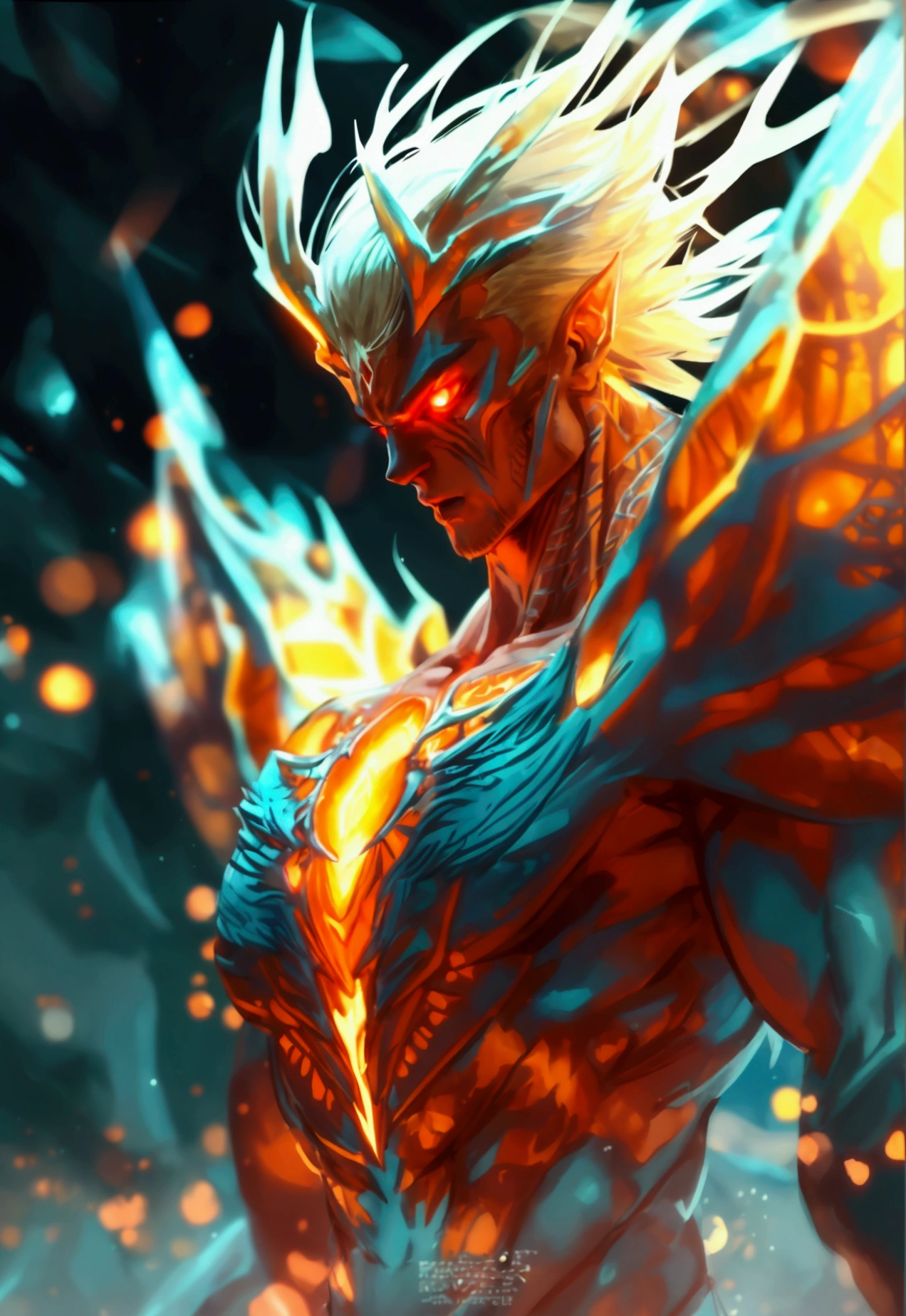 (mid_shot:1.3),(1 male:1.2),(muscle man:1.1),(frontal illumination:1.2) A sudden burst of energy ripples through the air as you transform, your body morphing into a towering, winged creature of the night. Your features become more angular and predatory, your eyes glowing with a fierce, vampiric intensity.