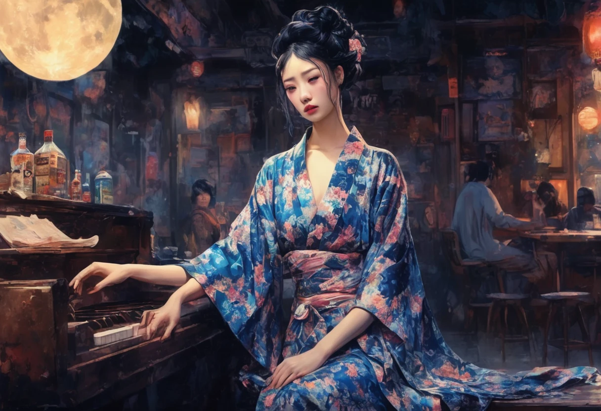 Taisho Romance obert johnson, gritty, alabama bar, blue note, charismatic , leopard skin dress, illustration, noir fantasy, lone lady, sad ending, japanese kimono woman pianist blues bluesmusic blues bar sad feeling dark moonlight usa america south blues bar