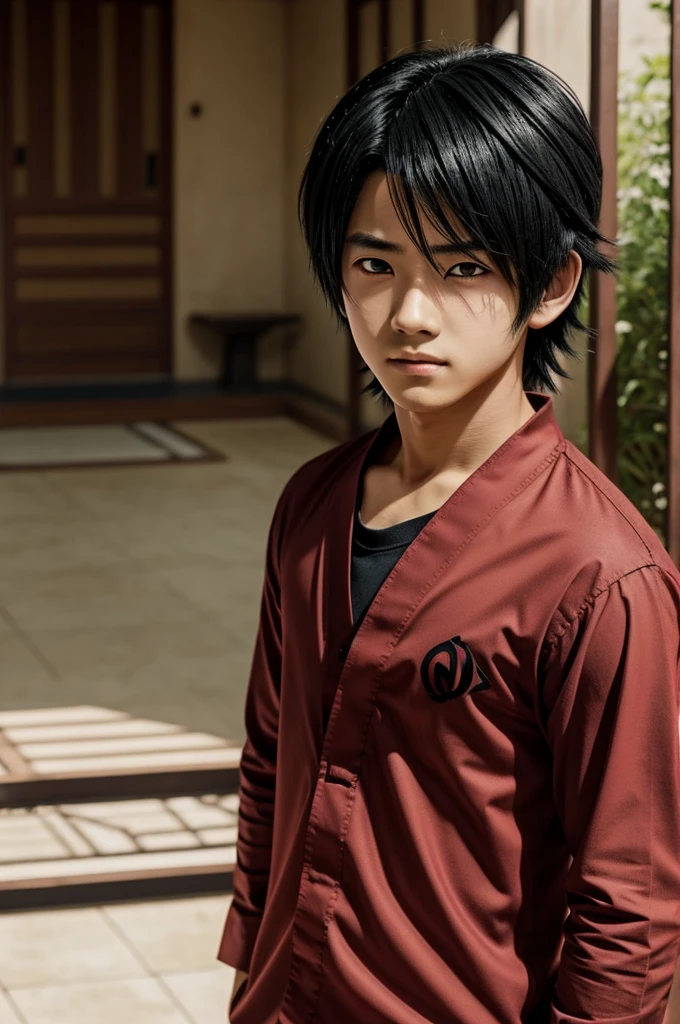 A 15 age anime boy is doing jutsu like sasuke Uciha with red saringai eyes. In his shirt thae name ANTO is written 