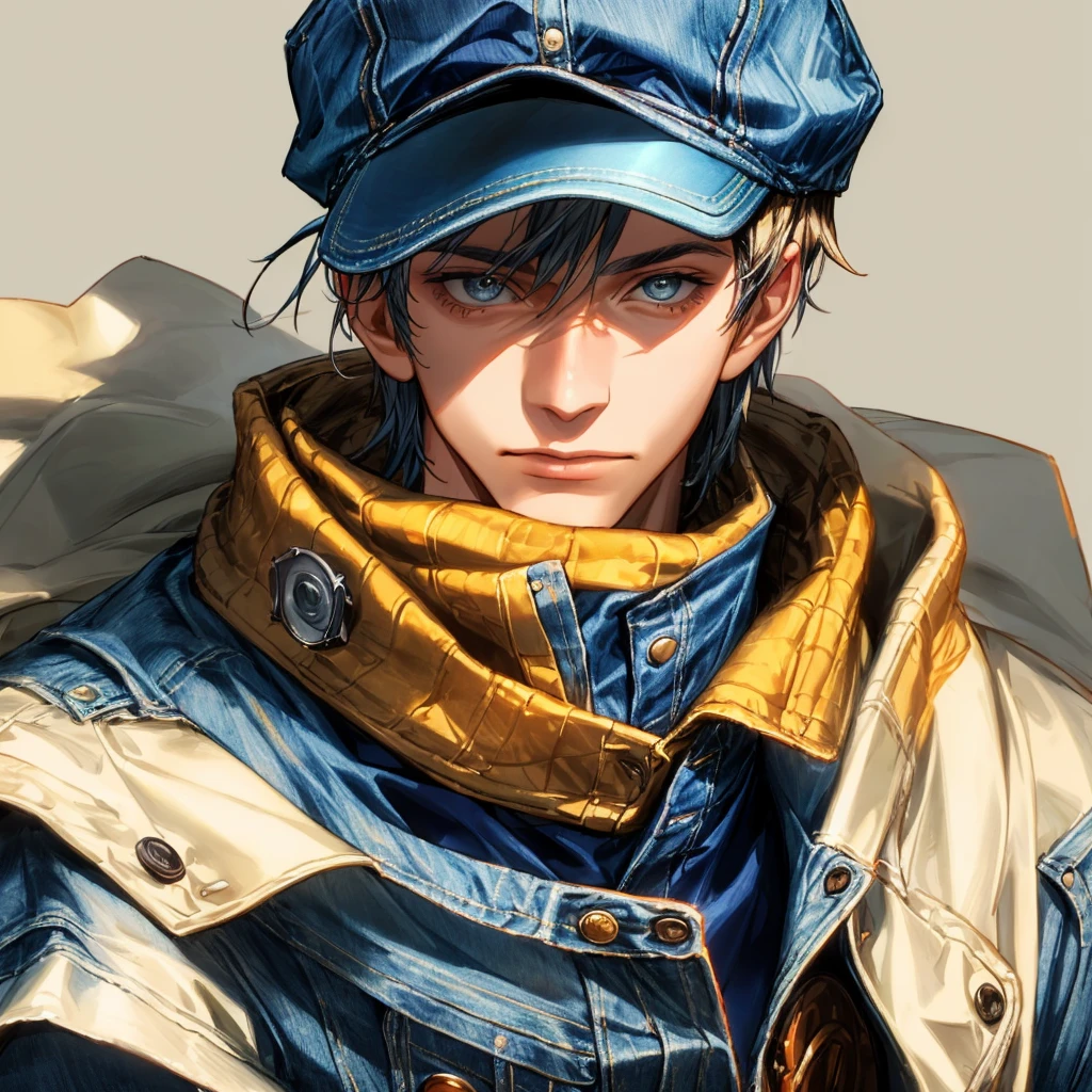 a men with a cap, wearing a denim jacket, portrait, epic style, high resolution, masterpiece.