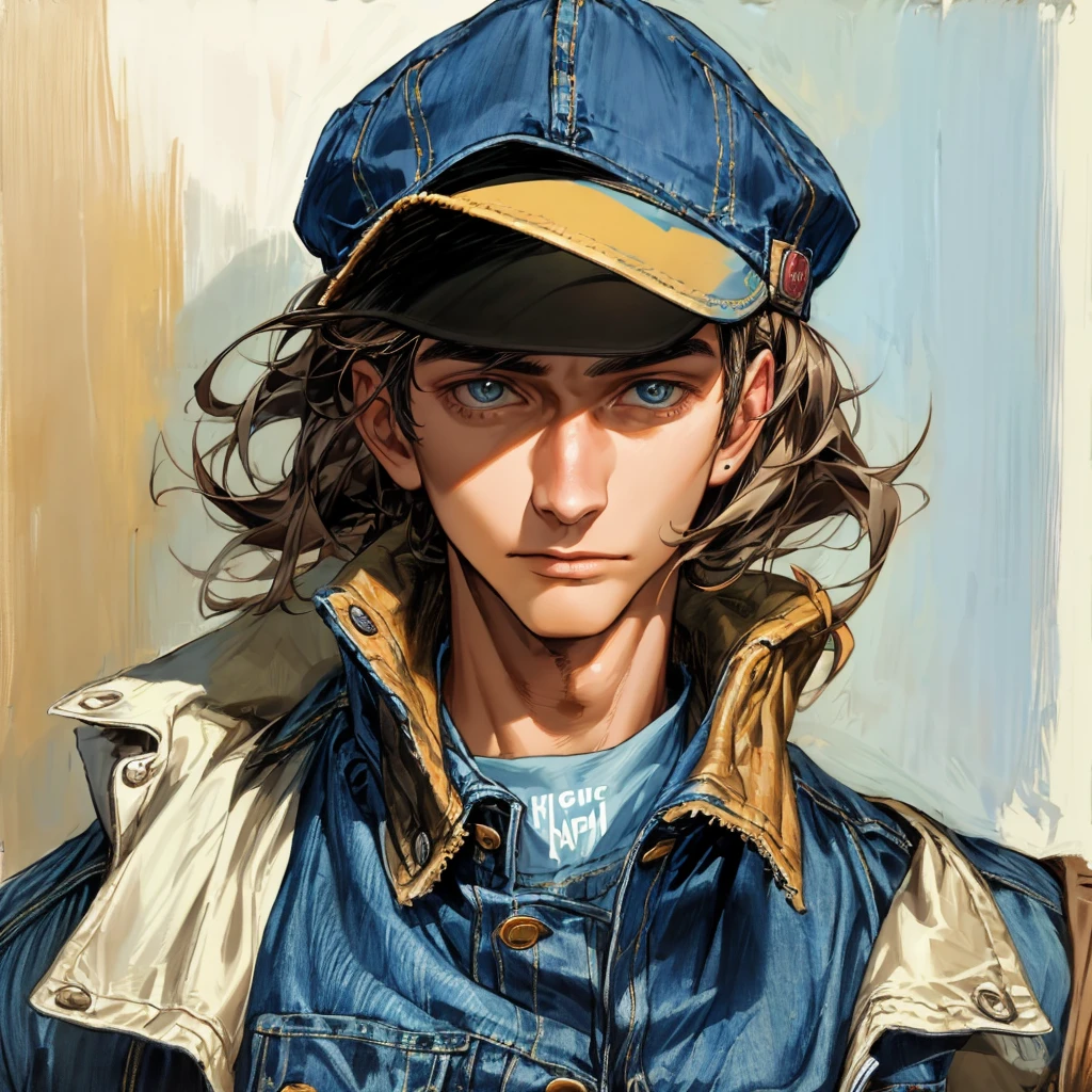 a men with a cap, wearing a denim jacket, portrait, epic style, high resolution, masterpiece.