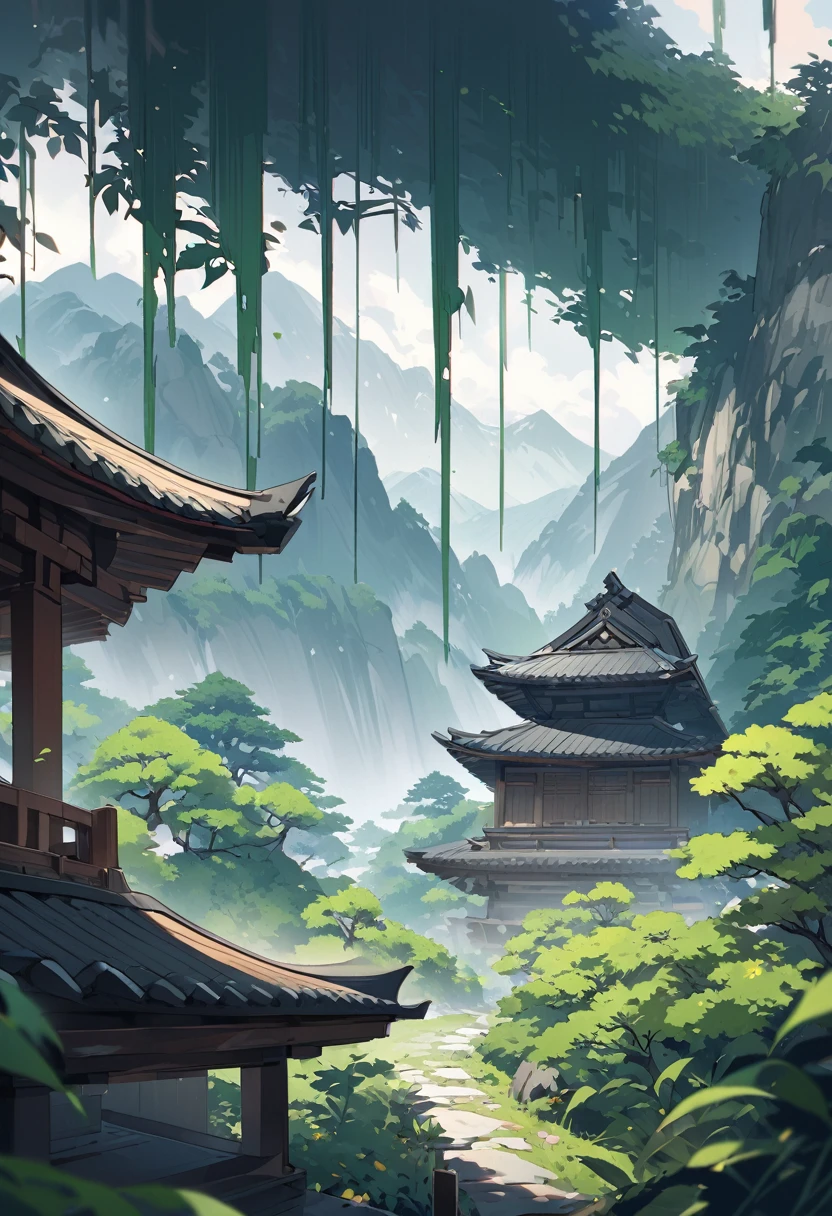An image of a green forest blowing in the wind next to the front yard of a quiet temple deep in the mountains.