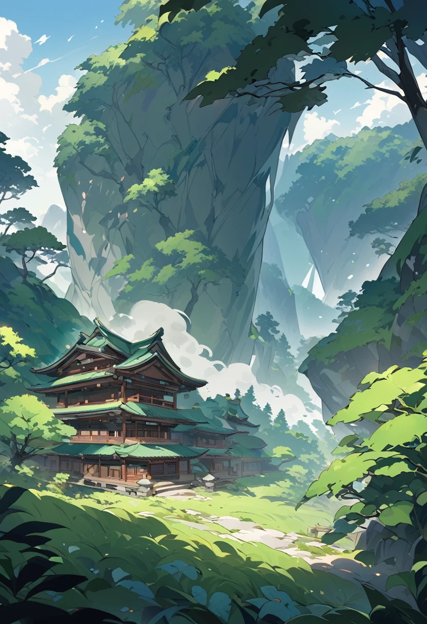 An image of a green forest blowing in the wind next to the front yard of a quiet temple deep in the mountains.