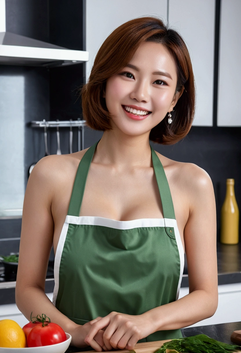 (Tabletop、Highest quality、8k、Award-winning works、Ultra-high resolution)、One beautiful woman、(Wearing the most natural and perfect apron:1.1)、( Apron:1.2)、(Look at me with your best smile:1.1)、(Sff your beautiful teeth and get the best smile possible:1.1)、perfect beautiful teeth、Accentuate your body lines、(Bust up photo:1.1)、(Upper body photo:1.2)、(Big Breast most natural and practical kitchen:1.1)、(A perfectly organized and clean kitchen:1.1)、(Modern and elegant kitchen:1.1)、(Perfect kitchen with state-of-the-art induction cooktop:1.1)、(Beautiful and unified modern kitchen:1.1)、(Very bright:1.2)、(Super bright and nt skin:1.1)、that&#39;Very vivid、The most vivid、High chroma、Glowing Beautiful Skin、Fresh and beautiful, perfect windows、Ultra-high resolutionのperfect beautiful teeth、(Ultra HD glossy skin:1.1)、(Very brightly lit、明るい and glowing skin:1.2)、Ultra-high definition sparkling eyes、(Accurate anatomy:1.1)、(The most graceful and perfect posture:1.1)、short hair