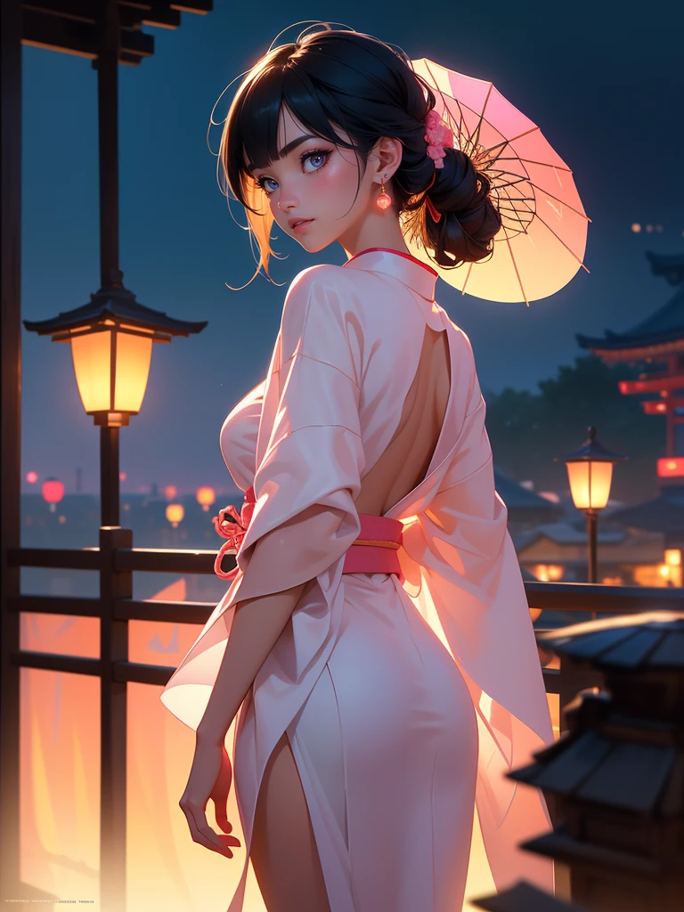 8K, Masterpiece, RAW photo, Best quality, detail:1.2), Photorealistic, Extremely detailed Cg Unity 8K wallpaper, Depth of field, Cinematic light, Lens flare, Ray tracing, (Extremely beautiful face, Beautiful lips, Beautiful eyes), intricate detail face, ((ultra detailed skin)) 1girll, In the dark, deepshadow, Pretty Japan girl, Jpop idol, (Very slim and slender muscular body:1.3), ((view the viewer)), (Big smile), (bodycon Kimono), (Pink Kimono), (Injection sleeve), (City Noon, (neon lights lampion), (Golden Hour), Pretty Japanese girl, Earrings, bangle, Pantyhose, Clear eyes, Standing, (Pale skin), Face forward, (Big eyes), ((upperbody shots)), Kimono Silk, Turn Back, Back shot, Very slim, slander, seamless