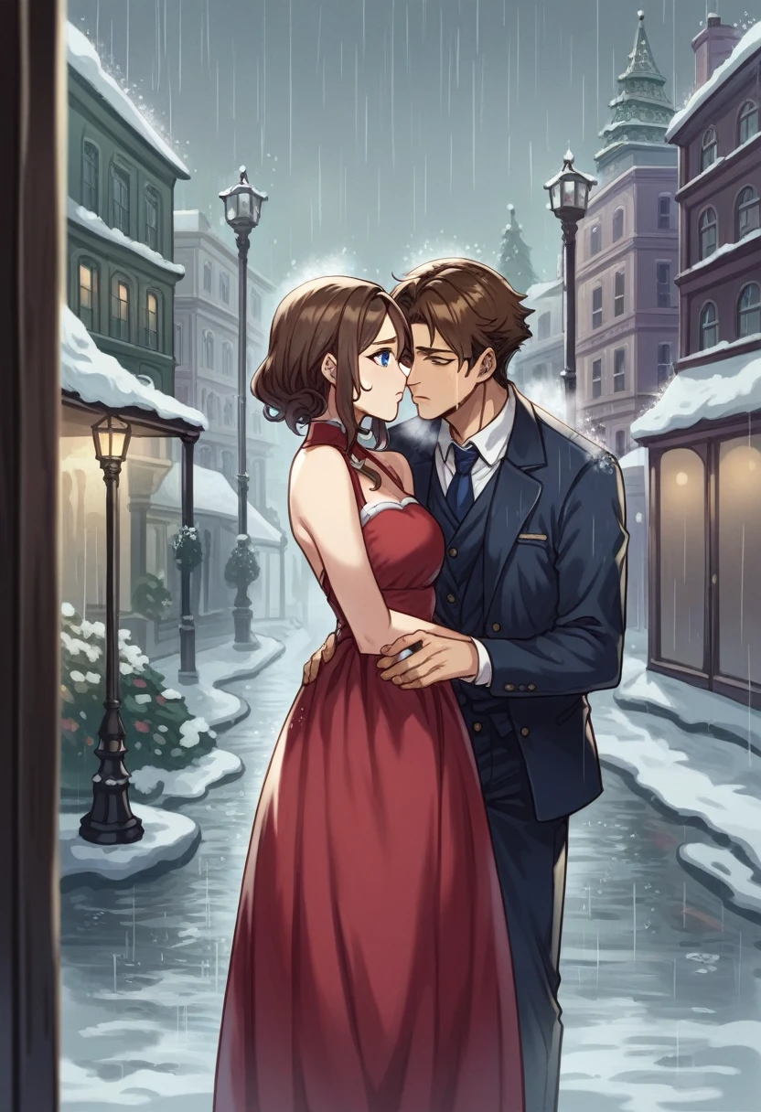 a beautiful boy, 12 years, rasgos Europeans muy finos, Brown hair, blue eyes, sad look, peaceful look, very sensible, very sad, ELEGANT DRESS, European, London, rain, Cold, winter, snow, Christmas, loneliness, melancholia, fire in the room, Chimney.