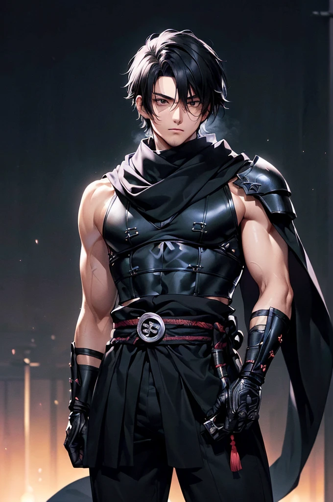 (((masterpiece; best quality: 1.2))), (finely detailed eyes: 1.3), ((ung man)), ((solo)), (black eyes: 1.4), (body shape; lean, masculine: 1.3), (very short black hair: 1.3), (beautiful and clear background: 1.2), ((depth of field)), (equipment: black shinobi clothing + fully covered + black kimono + black pants + black scarf + black bracers + wolf mask: 1.3), (anime illustration: 1.2), (background composition; old japanese mansion + night: 1.1), (extremely fine and handsome: 1.1), (shot composition; standing + centered on torso + close-up: 1.5), (facial expression; calm, stoic: 1.2)