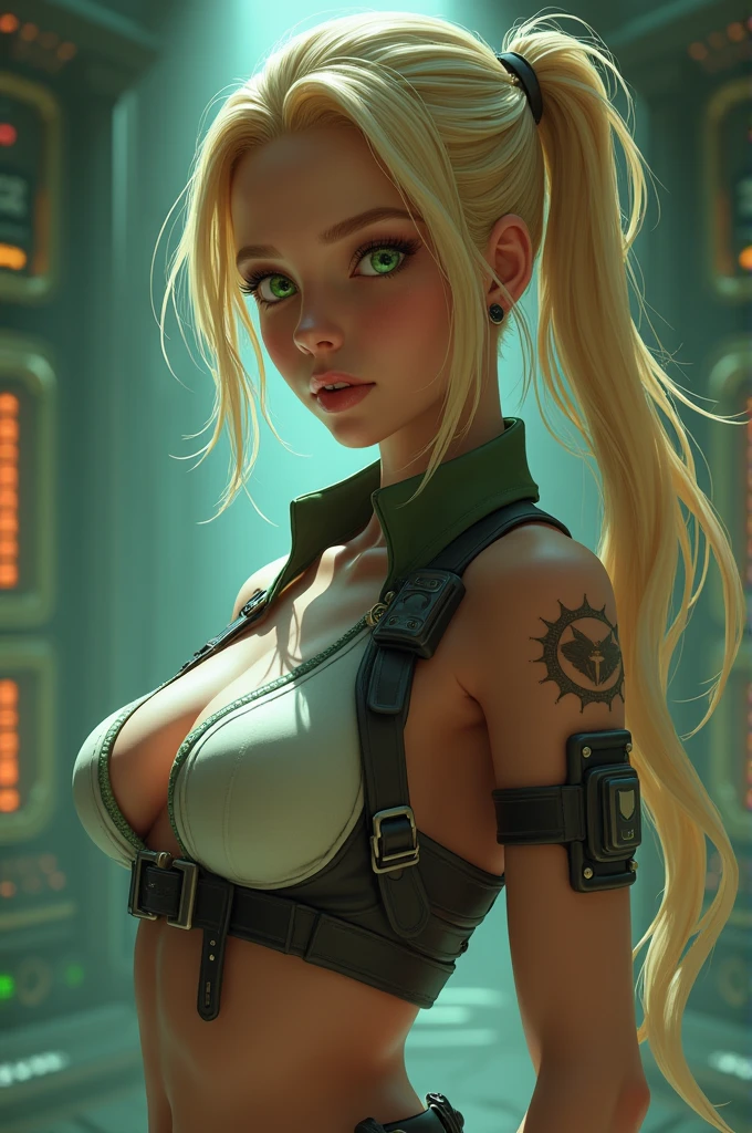 best quality, masterpiece, Eye Reflection, best quality, masterpiece, mercy Eye Reflection, Solitary, Sculpted perfect body, Blonde,Overwatch Mercy Hairstyle, Green Eyes, Two arms, Tomb Raider style collar clothing, Utility belt, Solitary, Command Room, 8K, masterpiece, high resolution, absurd, Natural volumetric lighting and optimal shadows, Deep Depth of Field, Clear focus, Naughty face, Super delicious, Medium breasts, Elements of Warhammer 40k, Ultra-detailed scenery, goddess  