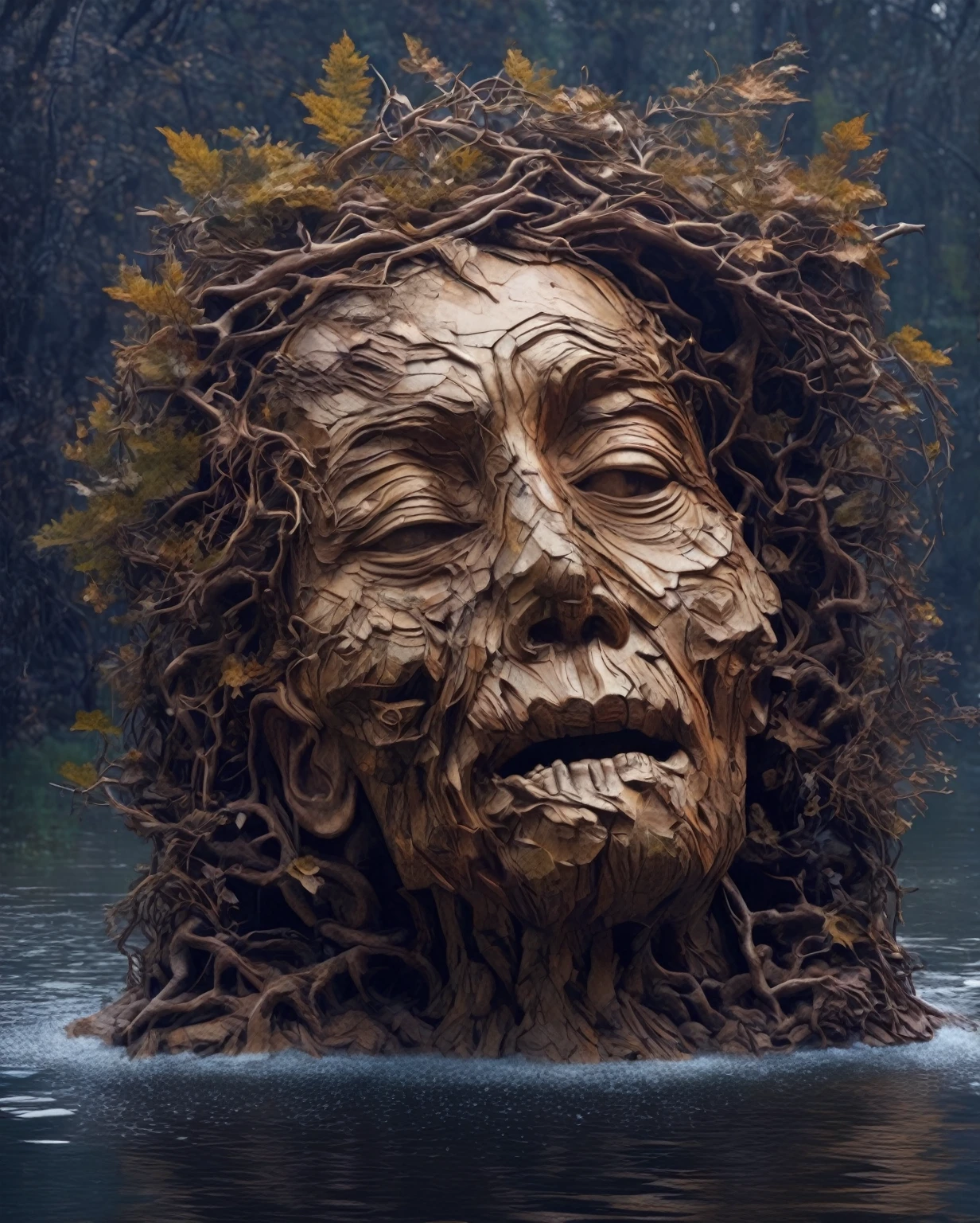In the style of Cante art, portrait, Exquisite and detailed,Giant head sculpture falls into water,Great Wilderness,Dental teeth,old,Dead Branches,Philip Hodas's Artistic Style,The Veil of the Human Soul, realism ,BDO works by American digital artist Stuart Lippincott,Use advanced toning and shading,Creates a dazzling and mysterious light,Deep spatial pattern and mysterious atmosphere,Building a sci-fi mechanical world,Highlighting the insignificance of human beings,And the fear of the unknown,Minimalist Art,fantasy,Surrealism,Handsome man's face