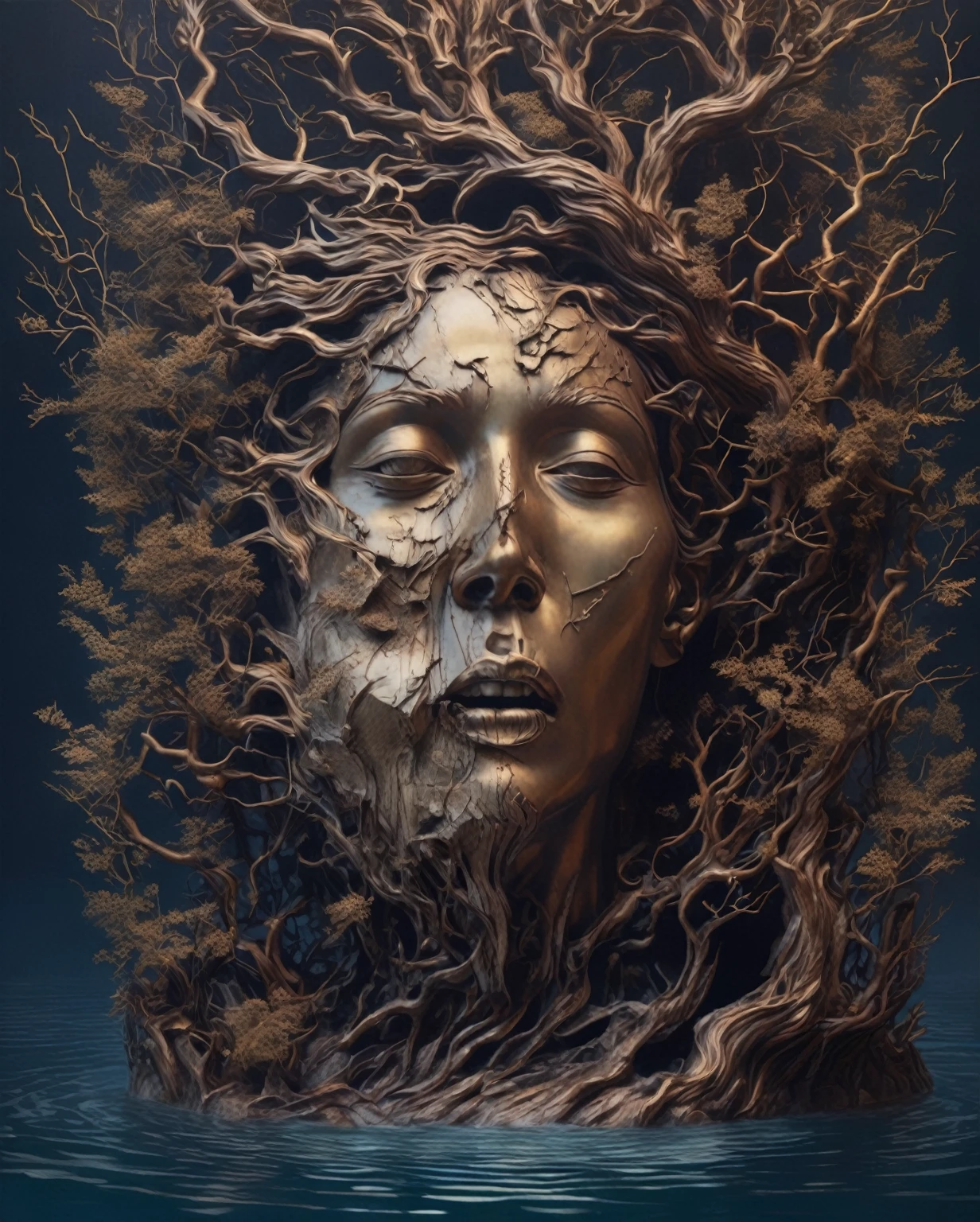 In the style of Cante art, portrait, Exquisite and detailed,Giant head sculpture falls into water,Great Wilderness,Dental teeth,old,Dead Branches,Philip Hodas's Artistic Style,The Veil of the Human Soul, realism ,BDO works by American digital artist Stuart Lippincott,Use advanced toning and shading,Creates a dazzling and mysterious light,Deep spatial pattern and mysterious atmosphere,Building a sci-fi mechanical world,Highlighting the insignificance of human beings,And the fear of the unknown,Minimalist Art,fantasy,Surrealism,Handsome man's face
