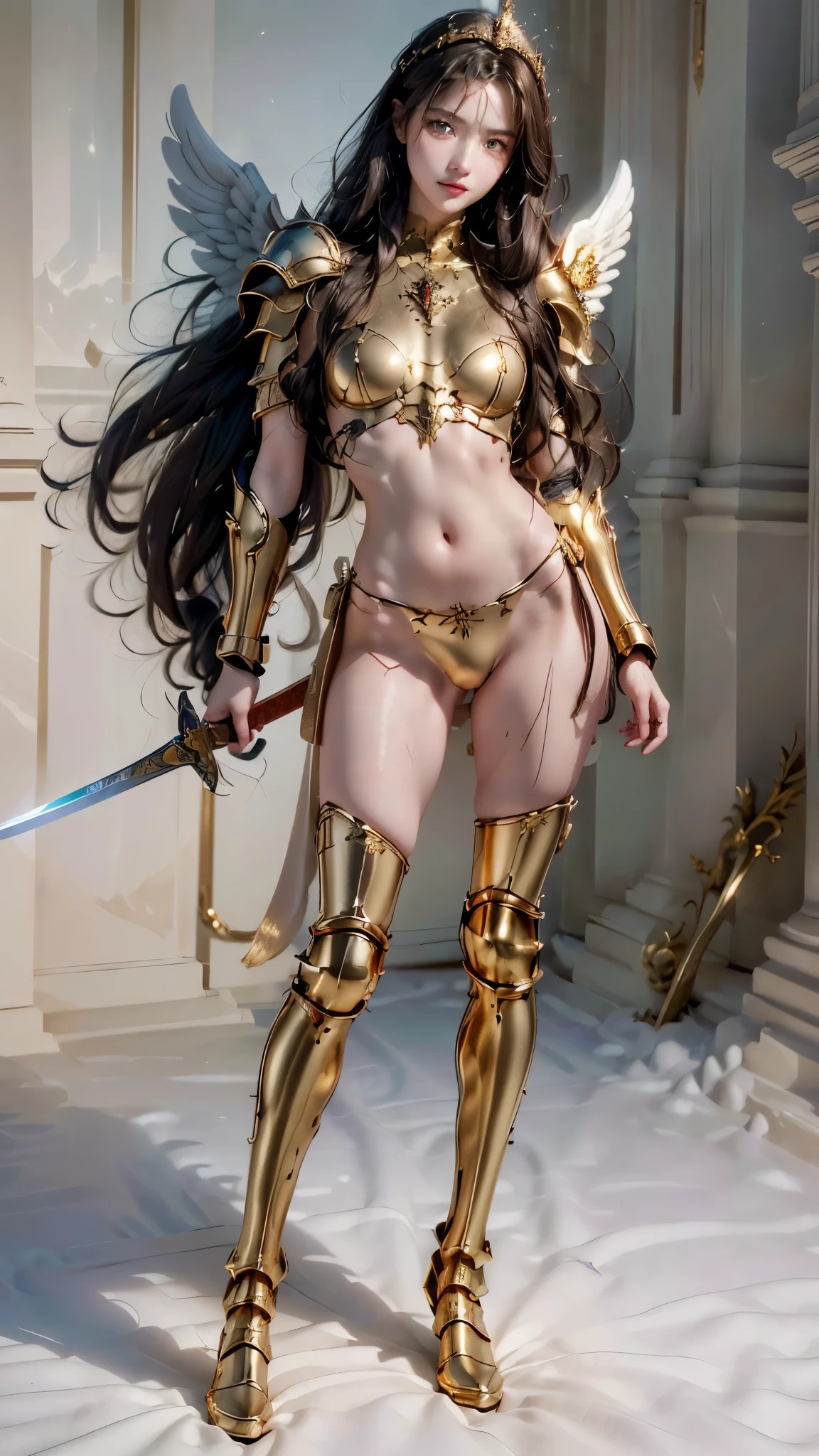 arafed woman in a gold armor with a sword, angelic golden armor, angel knight girl, knights of zodiac girl, angel in plastic armor, wearing gold armor, armor girl, wearing golden armor, gold armor, golden armor, light gold armor, lady palutena, girl in knight armor, golden armour, as a mystical valkyrie, 
([long hair hair]:1.8), (full body:1.8), (upper body up:0.3), (hyper realistic:1.4), (realistic:1.3), (best quality real texture skin), Detailed eyes, detailed face, PERSEPHONE, (SFW:1.5) Hyperrealistic, LESS saggy breasts, (SMALL BREASTS:1.5), (HUGE LEGS:1.5), (LESS THIGHS:1.5), perfect legs, perfect legs, pernas added, pernas added e perfeitas, turned legs, shapely thighs, pernas added, Smooth Thighs. (erotic pose:1.5), (thick eyebrows:1.2), (big purple eyes:1.2), (ultra detailed eyes:1.4), (high resolution eyes:1.1), (ultra detailed skin texture:1.4), (Beautiful toned body:1.1), headband, (Moist skin:1.1), (sensual face:1.5),
