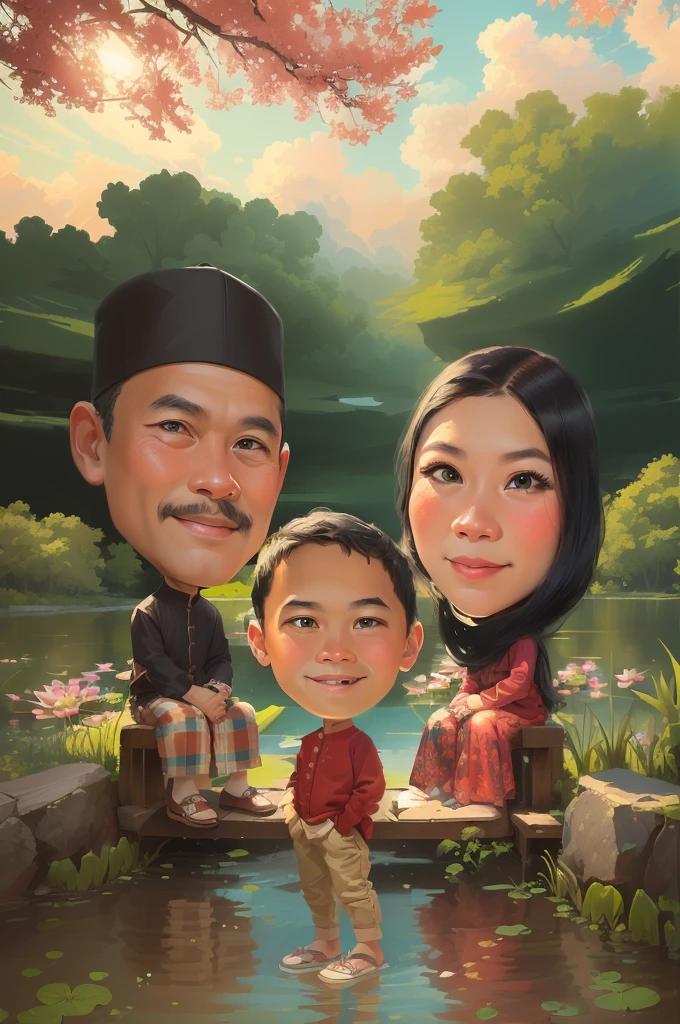 there are two people that are sitting on a bench, Father and mother, The boy stands in the middle, standing on the grassy ground, Lake background with lotus flowers growing in abundance in the water, an indonesian family portrait, caricature illustration, potrait, happy family, Indonesian family, cartoon art, full protrait, classic portrait, cartoon portrait, in cartoon style, digital art cartoon, cartoon digital art, traditional portrait, portrait of family of three, by Abidin Dino, caricature style