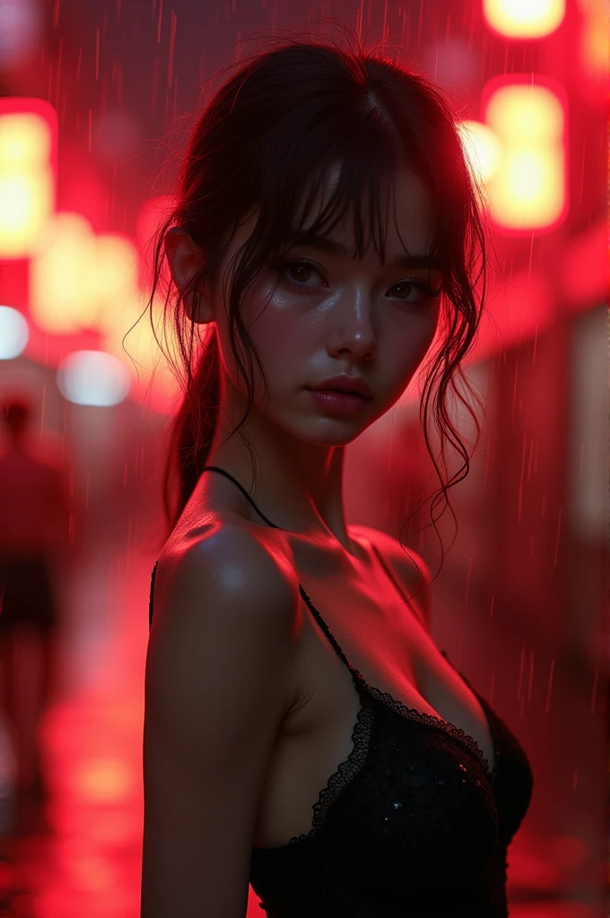 ((best quality, 8K, Lace maxi dress, Standing in the rain, red light district, Highly detailed face and skin textures, Delicate eyes, Double eyelids.)