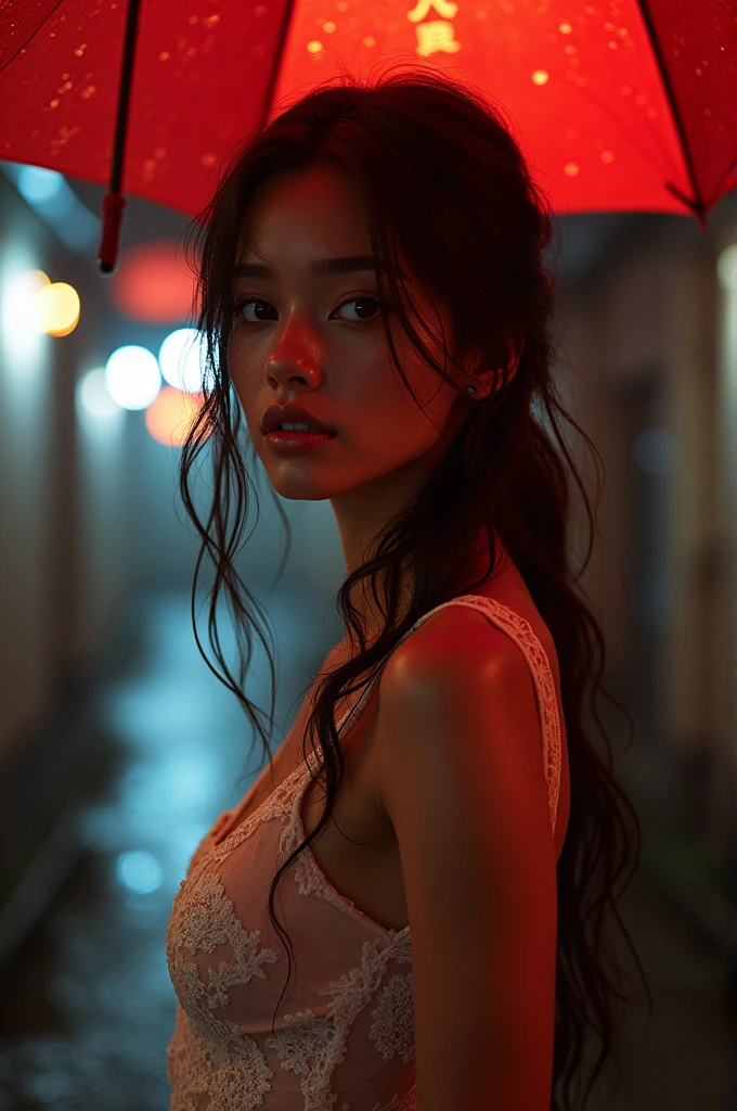 ((best quality, 8K, Lace maxi dress, Standing in the rain, red light district, Highly detailed face and skin textures, Delicate eyes, Double eyelids.)