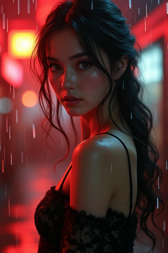 ((best quality, 8K, Lace maxi dress, Standing in the rain, red light district, Highly detailed face and skin textures, Delicate eyes, Double eyelids.)