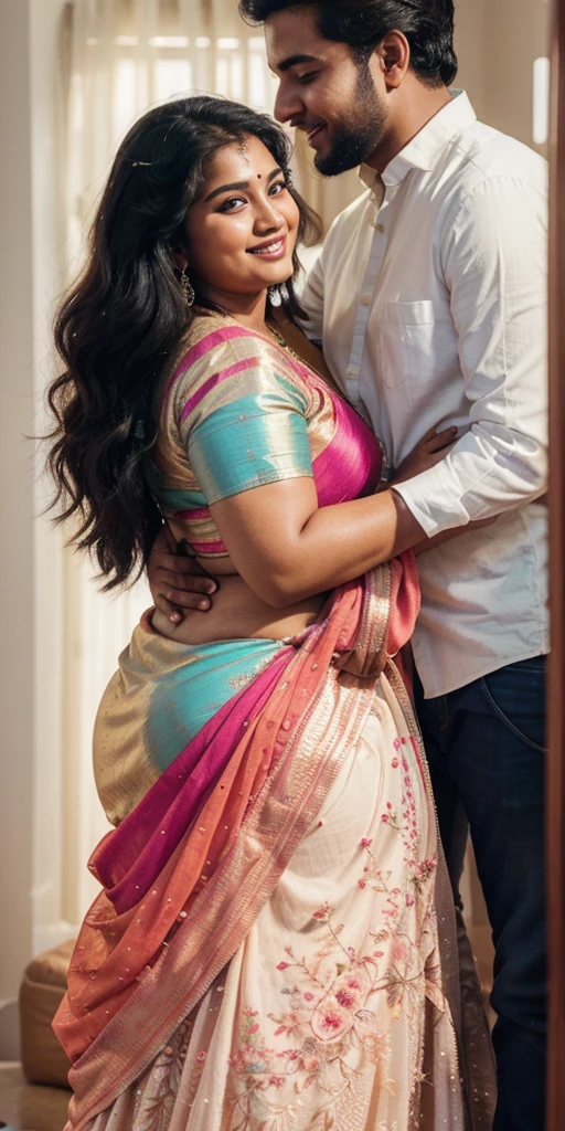A radiant, full-figured South Indian 25 year old woman wearing a off white gown tenderly hugging  a jubilant 25-year-old man while in living room, captured in a full-body image with vibrant hues and meticulous details. Belly button visible . Full body image