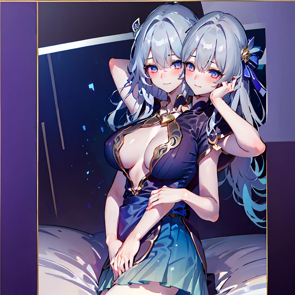 Masterpiece,best quality,best resolution,1 woman,2 heads,details,Firefly character,long gray hair,hair accessories,Blue and purple gradient eyes,blushing,Wearing a white dress with a black cloth draped over the shoulders with a gold pattern, long white sleeves..(blue cloth chest),wearing a long blue skirt,Wear long blue socks.,normal breasts,lying in bed,bedroom background,DSLR Photos, (8ก, 4K, Masterpiece),(Masterpiece, best quality), best resolution, (3 heads:1.5),Arms separated,arm circle, (Put your hands on your head...), (lower hand on ankle), (lower hand on leg), Full content in the frame, full body view, (four arms),(Multi-arm),(many hands), รูปร่างเพรียวบาง Masterpiece,best quality,best resolution,1 woman,many heads, upper body, smile, Facing the audience,big breasts,simple background,Beautiful face,Beautiful hair,beautiful eyes,beautiful body,Beautiful hands,conjoined twins