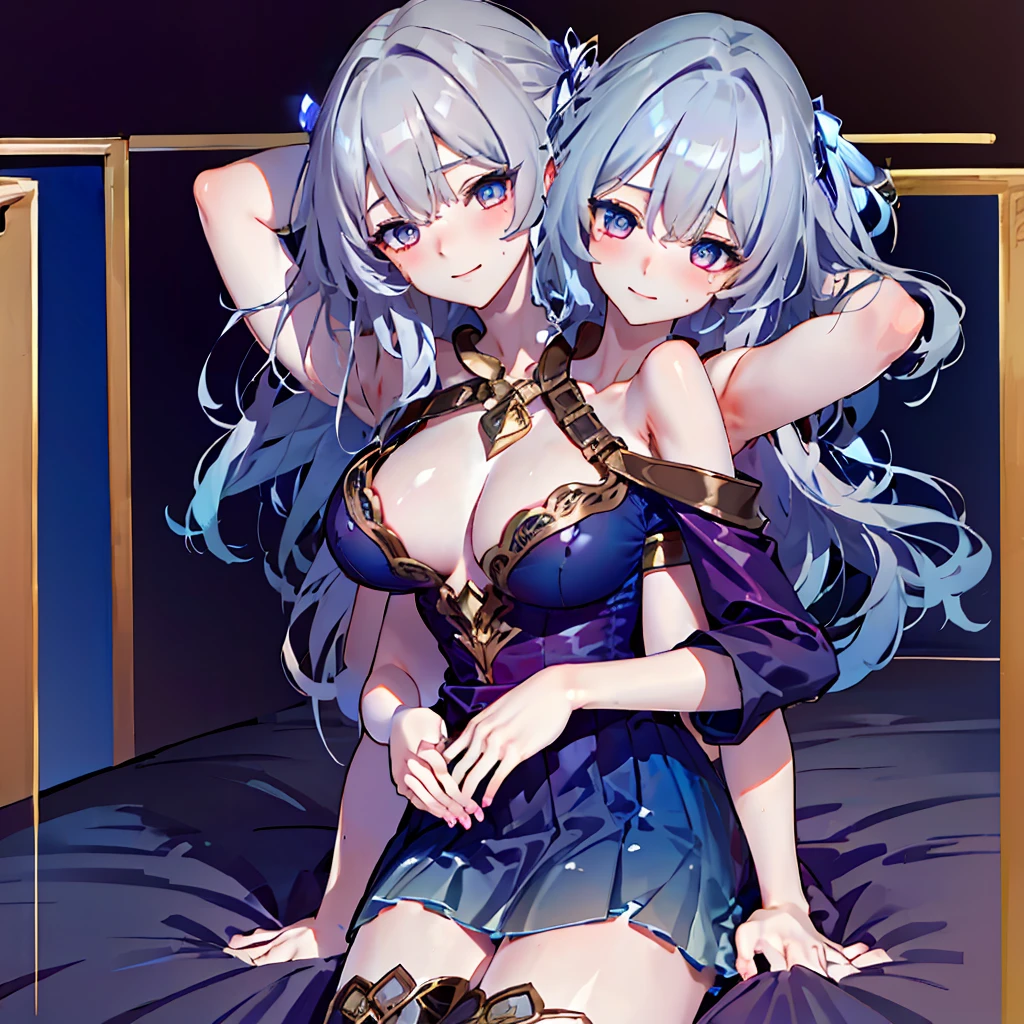 Masterpiece,best quality,best resolution,1 woman,2 heads,details,Firefly character,long gray hair,hair accessories,Blue and purple gradient eyes,blushing,Wearing a white dress with a black cloth draped over the shoulders with a gold pattern, long white sleeves..(blue cloth chest),wearing a long blue skirt,Wear long blue socks.,normal breasts,lying in bed,bedroom background,DSLR Photos, (8ก, 4K, Masterpiece),(Masterpiece, best quality), best resolution, (3 heads:1.5),Arms separated,arm circle, (Put your hands on your head...), (lower hand on ankle), (lower hand on leg), Full content in the frame, full body view, (four arms),(Multi-arm),(many hands), รูปร่างเพรียวบาง Masterpiece,best quality,best resolution,1 woman,many heads, upper body, smile, Facing the audience,big breasts,simple background,Beautiful face,Beautiful hair,beautiful eyes,beautiful body,Beautiful hands,conjoined twins