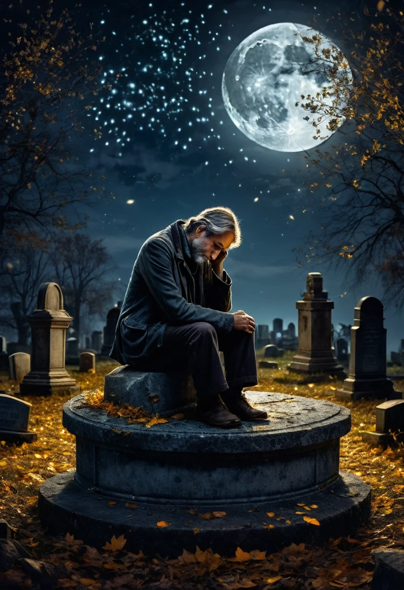 a sad  poet sitting on a large round tombstone in a dilapidated moonlit graveyard, head in hands, surrounded by fireflies, autumn night, dark space with moonlight