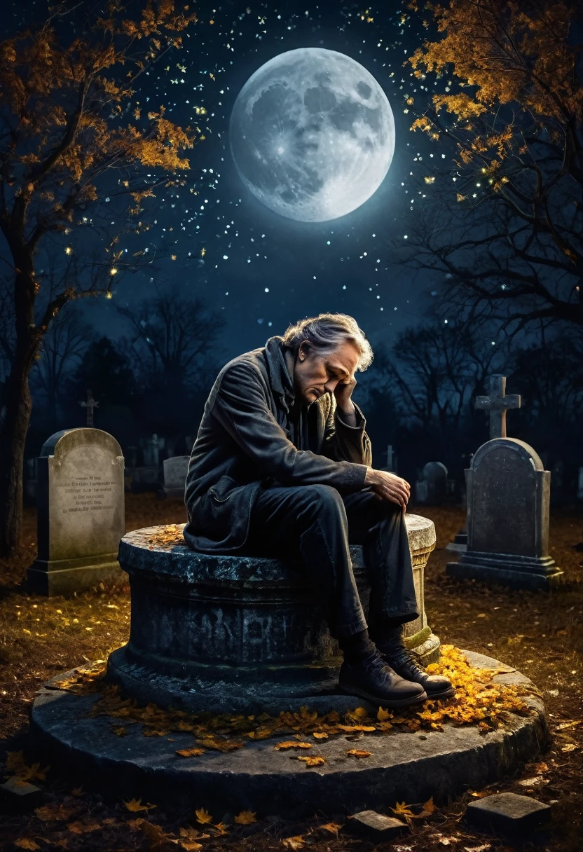 a sad  poet sitting on a large round tombstone in a dilapidated moonlit graveyard, head in hands, surrounded by fireflies, autumn night, dark space with moonlight