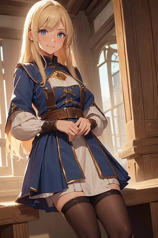 ((((She pretends to think something))))
(a girl, medieval character, Guild Officer, she has long blond hair, Layered Haircut, Blue eyes, She wore a Simple Brown official outfit, she has a friendly smile, Brown stockings, simple Decoration.) She stand and chat with him