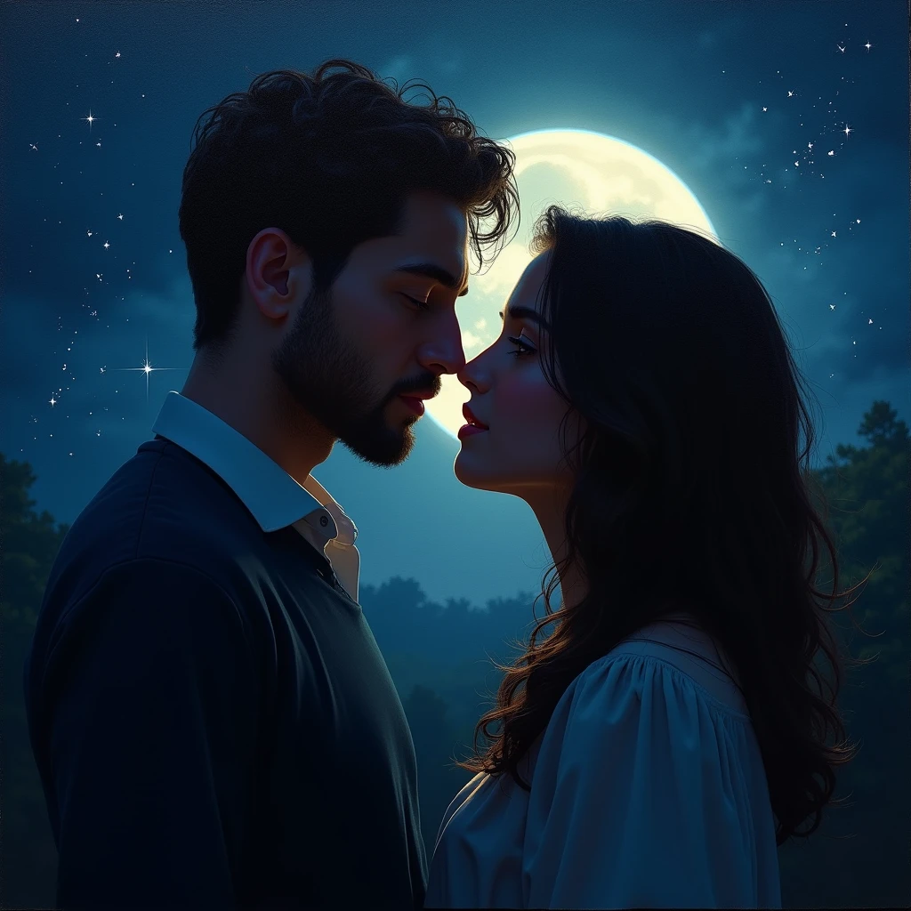 A romantic moonlit night confession,beautiful detailed eyes,beautiful detailed lips,shadowy figures,soft moonlight,whispered words,sparkling stars,medium:oil painting,(best quality,4k,8k,highres,masterpiece:1.2),ultra-detailed,(realistic,photorealistic,photo-realistic:1.37),impressionism,vivid colors,subtle lighting