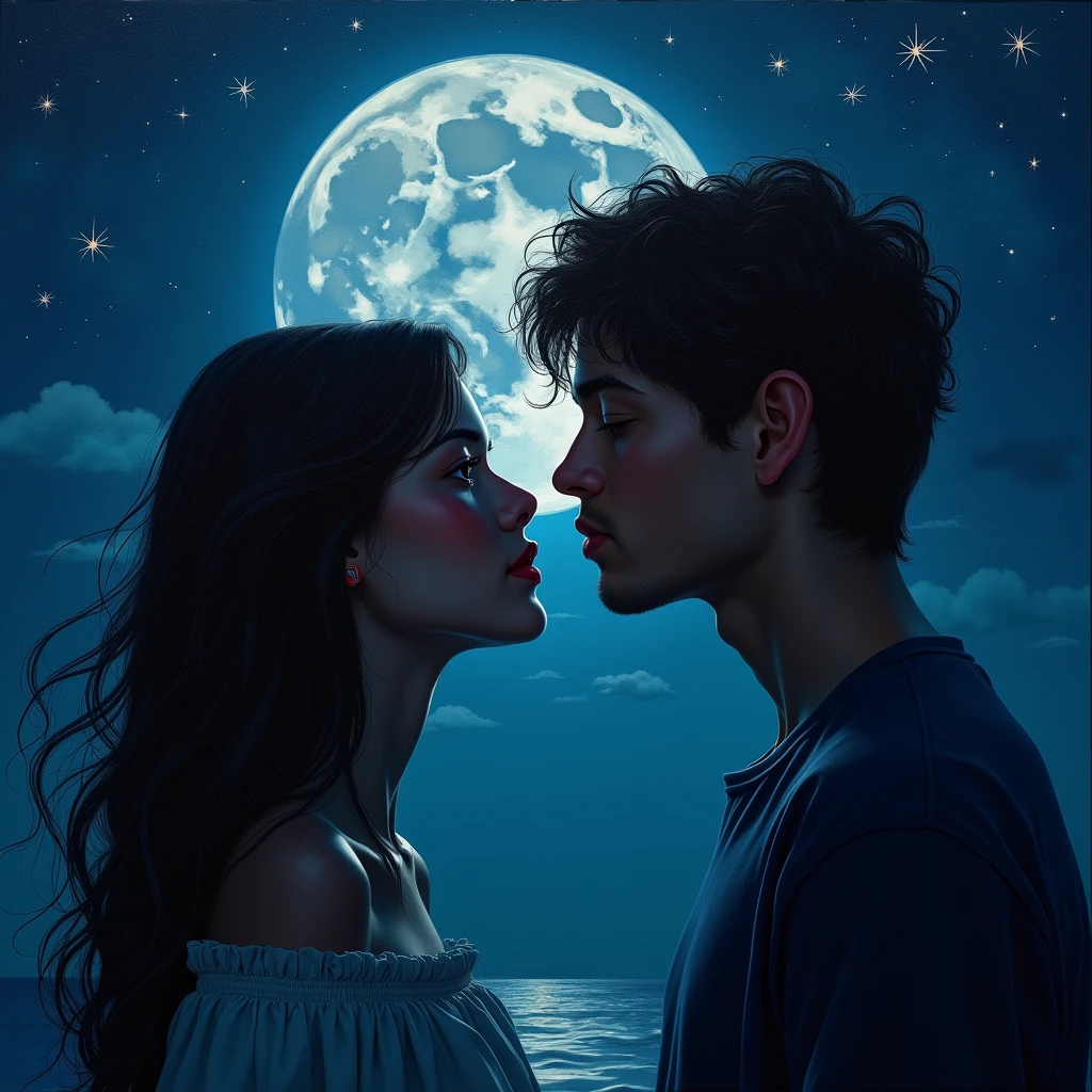 A romantic moonlit night confession,beautiful detailed eyes,beautiful detailed lips,shadowy figures,soft moonlight,whispered words,sparkling stars,medium:oil painting,(best quality,4k,8k,highres,masterpiece:1.2),ultra-detailed,(realistic,photorealistic,photo-realistic:1.37),impressionism,vivid colors,subtle lighting
