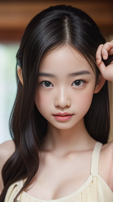 When she bends forward, her chest is slightly visible through the gap.、high quality、masterpiece、Ultra-high resolution、beautiful girl、beautiful girl顔、Cute girl face、Braiding、whole body、whole bodyを撮影