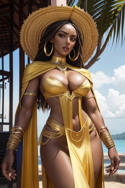 Ethiopian woman, ethnically Ethiopian, muscular and athletic woman, sexy body, ethnic jewelry, luxtech background, sexy, not safe for work, scantily clad, dressed seductively, showing skin, exposed hips, visible cleavage, medium breast, wearing ssahc, suggestive clothing, elegant clothing