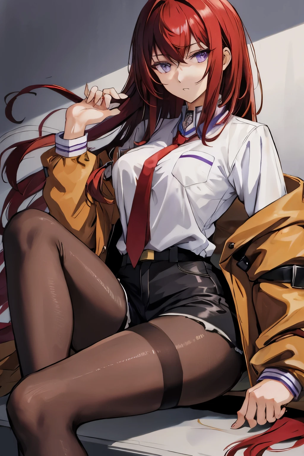 (Main Part, best quality),  Intricate details,
1 Girl,  
 Makise Kurisu, Hair between the eyes, Shoulder-length hair, Long hair, (Purple Eyes:1.1), Red hair, Straight Hair,, Black pantyhose, Black shorts, 棕色coat, coat, shirt de gola, Long sleeve, tie, Knee tights, pantyhose under shorts, shirt, short shorts, shorts, Sleeves pressed against wrists, shirt branca, Wing collar,