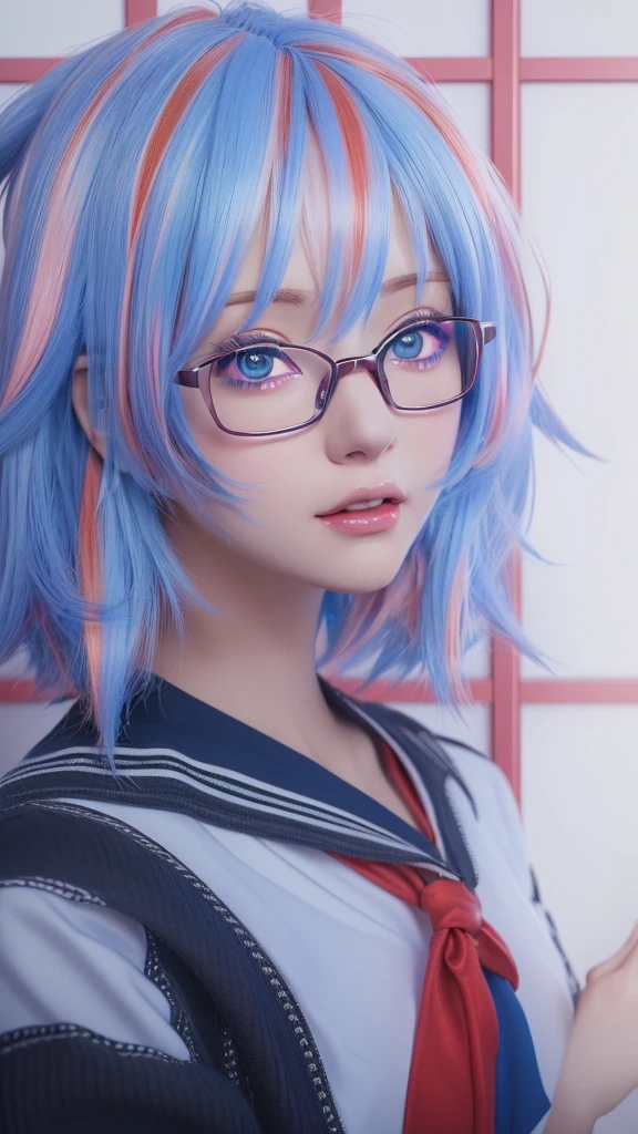A woman with blue hair and glasses is posing for the photo, Realistic Anime 3D Style, Anime Styled 3d, 3D Anime Real, Photorealistic Animation, Ultra realistic anime, Photorealistic Animation girl render, Anime Style. 8k, anime cgi style, Realistic young anime girl, 2 d Anime Style, Anime realism style