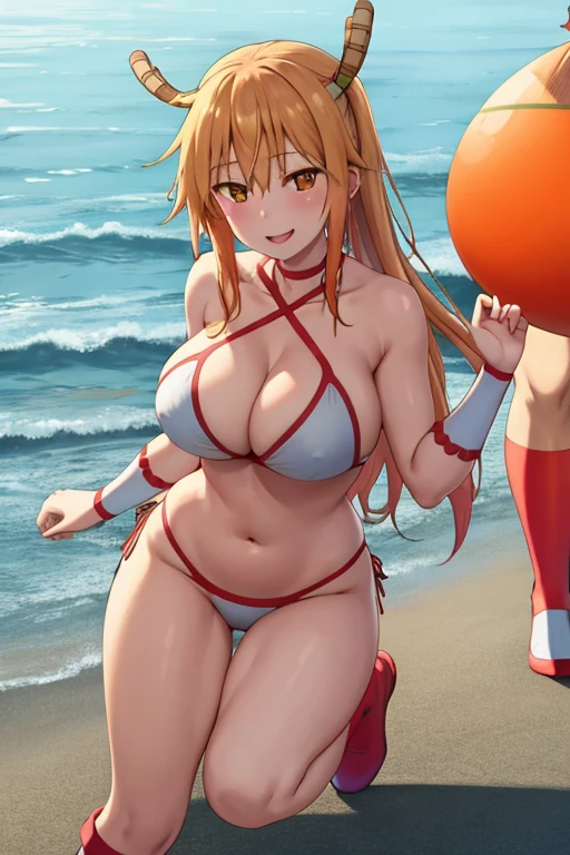 masterpiece, best quality, beautiful art, high resolution, well formed hands, body and fingers, 1 woman, solo, Tohru  , 31 years old, full body picture, grown up, adult, large and rounded breasted, cleavage, hair ornament, wearing a Tyris Flare outfit ,  white_bikini, full body, sexy and skimpy  bikini, gorgeous  hips, legs and thighs bouncing breasts, red boots, dancing seductively and erotically, turning backwards and forwards, bikini thong, shaking her body alluringly, smiling joyfully, looking at the viewer, sweating , flirting, beach environment 