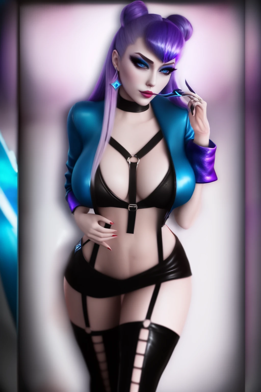 evelynn league of legends, KDA ALL OUT apparel, posse sexy, seducing gaze, full body view, wide shot, uhd, super detail, best quality, highres, 8k, (evelynn kda all out),