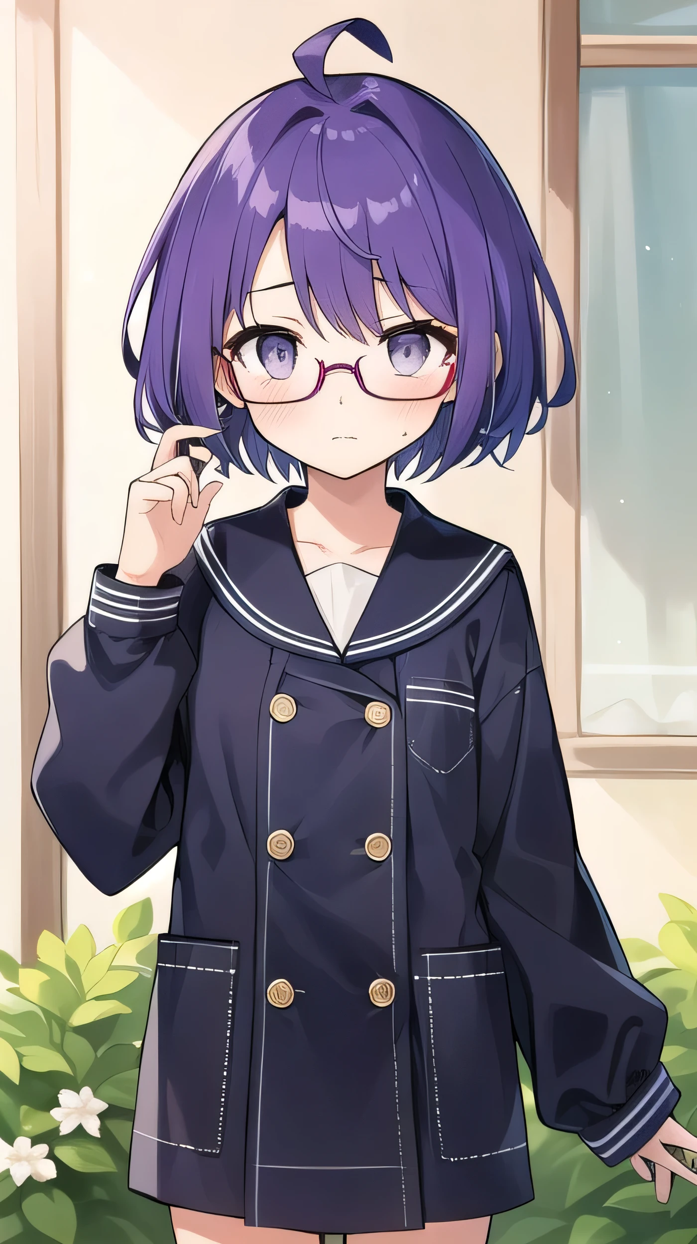 (Purple hair:1.4), gray eyes, white , navy blue miniskirt, 11 years old, short, short long hair, kind expression, shy, , almost no breasts, slightly exposed. hair,(flipped hair ), flipped hair, long sleeves, ahoge, girl alone, flipped hair, flipped hair, flipped hair, flipped hair, glasses with no edges, embarrassed, flat chest