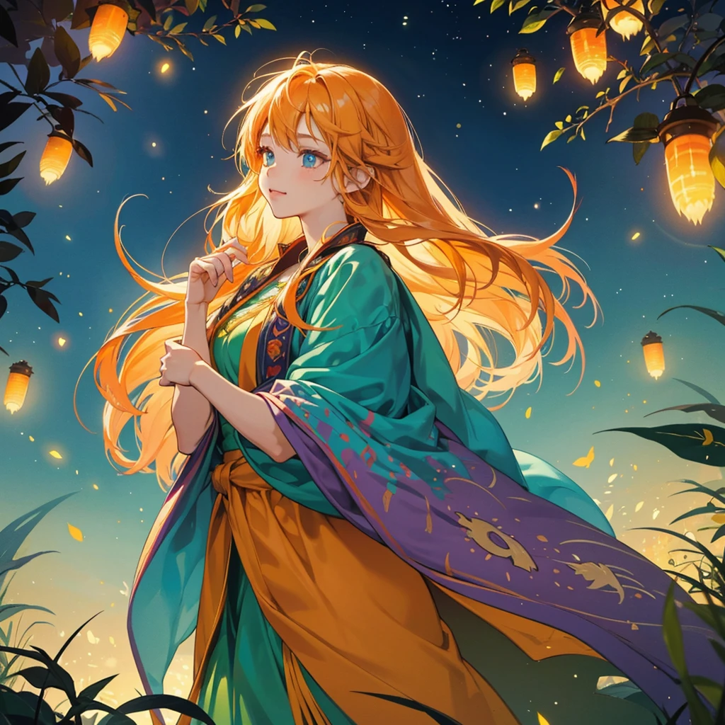A cute orange long hair girl in a traditional attire,surrounded by luminous plants and fireflies, with a background in the style of an anime, dreamy colors, a fantasy world, nightcore, Y2K aesthetic, Fireflies,