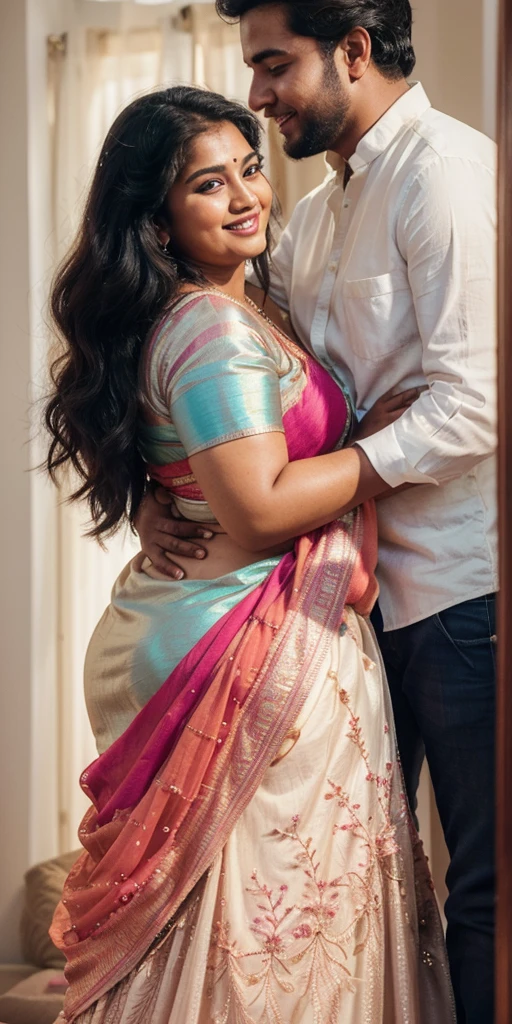 A radiant, full-figured South Indian 25 year old woman wearing a off white silk gown tenderly hugging a jubilant 25-year-old man while in living room, captured in a full-body image with vibrant hues and meticulous details. Belly button visible . Full body image