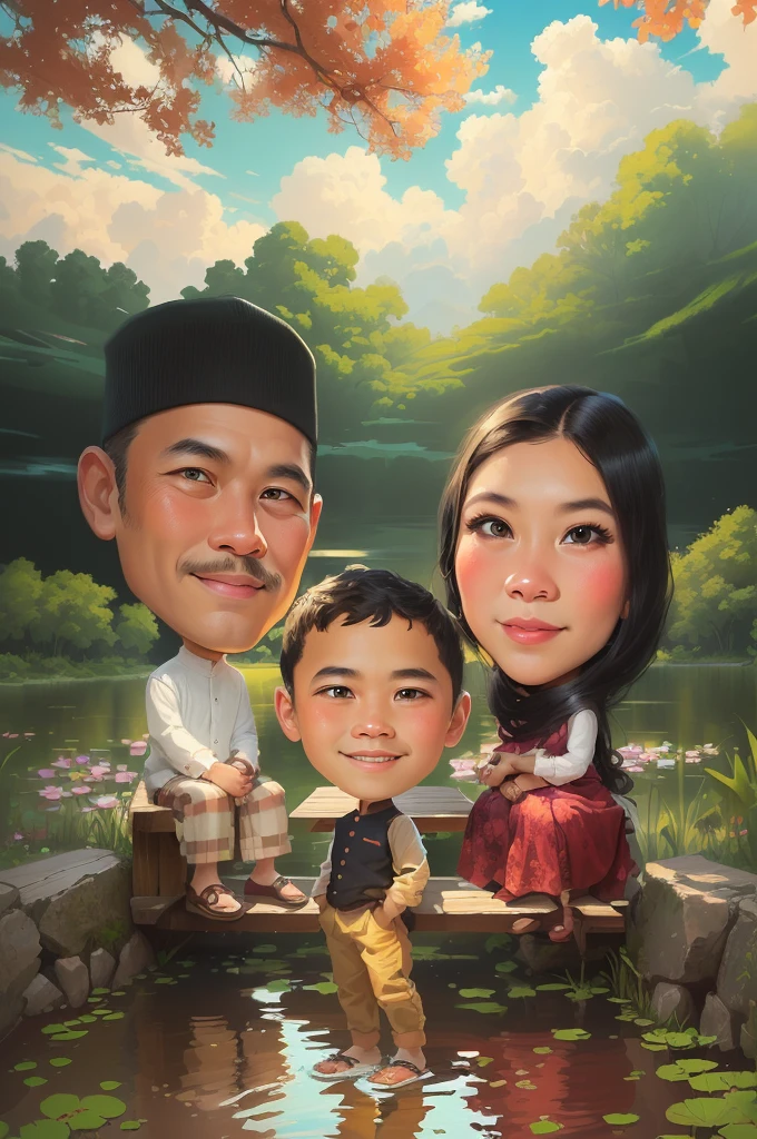there are two people that are sitting on a bench, Father and mother, The boy stands in the middle, standing on the grassy ground, Beautiful clouds and sky, Lake background with lotus flowers growing in abundance in the water, an indonesian family portrait, caricature illustration, potrait, happy family, Indonesian family, cartoon art, full protrait, classic portrait, cartoon portrait, in cartoon style, digital art cartoon, cartoon digital art, traditional portrait, portrait of family of three, by Abidin Dino, caricature style