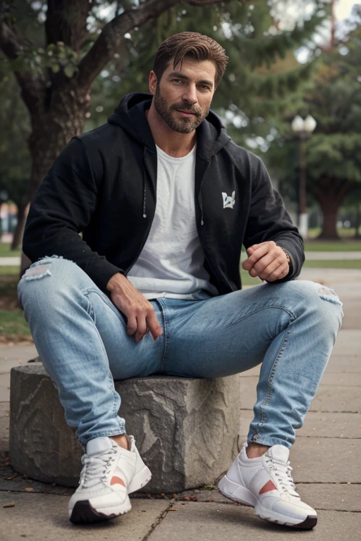 A characters portrait [muscular Soviet Union 30 yesrs old man, hairy body, alpha male, huge biceps, ripped abs, shaggy hair, handsome, jeans pants, black hoodie, white sneakers, seductive smile, my hero] siummer park, 4k, high detailed, beautiful, dark age, art by Stanley artgerm, highly detailed, sharp focus.