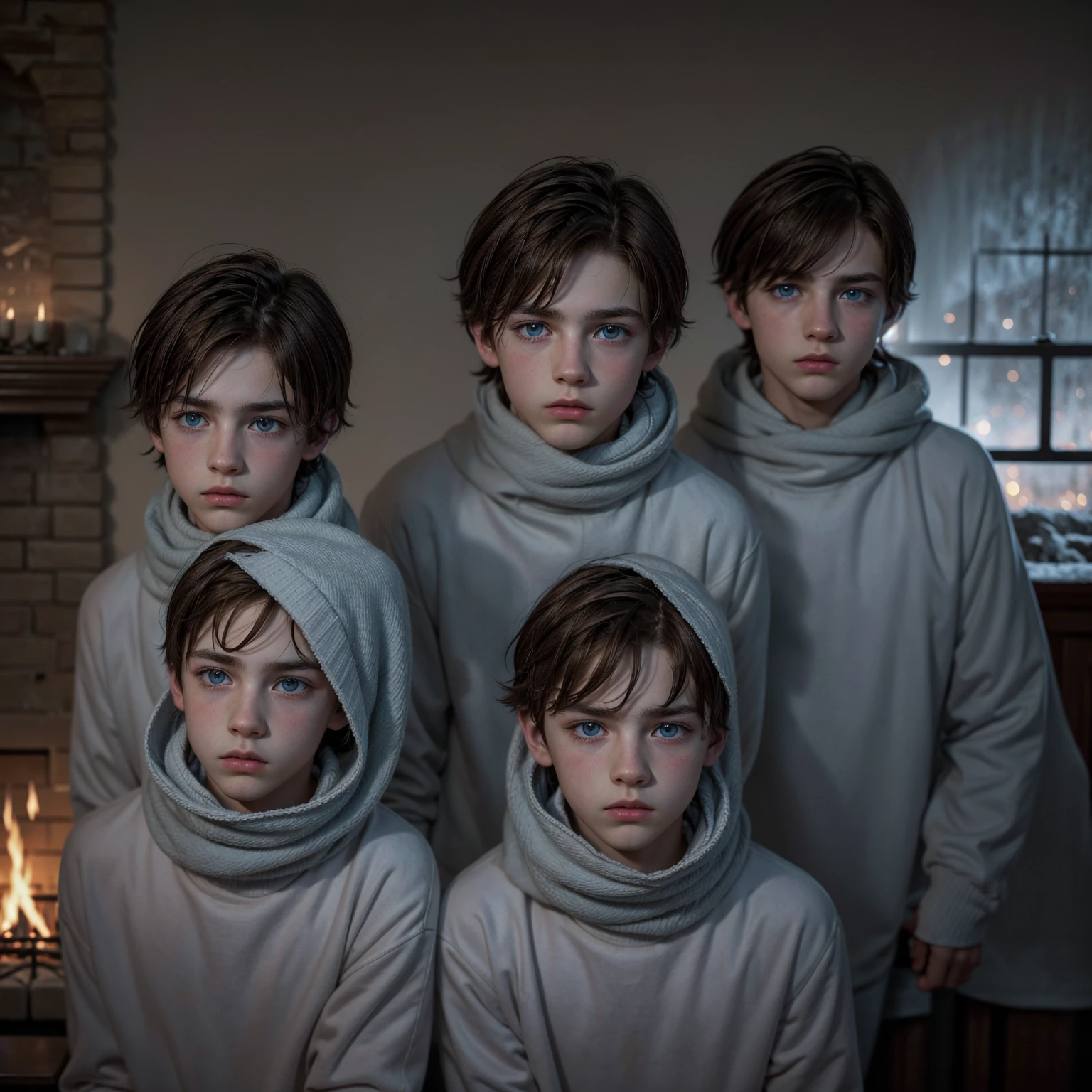 a beautiful boy, 12 years, rasgos Europeans muy finos, Brown hair, blue eyes, sad look, peaceful look, very sensible, very sad, ELEGANT DRESS, European, London, rain, Cold, winter, snow, Christmas, loneliness, melancholia, fire in the room, Chimney.