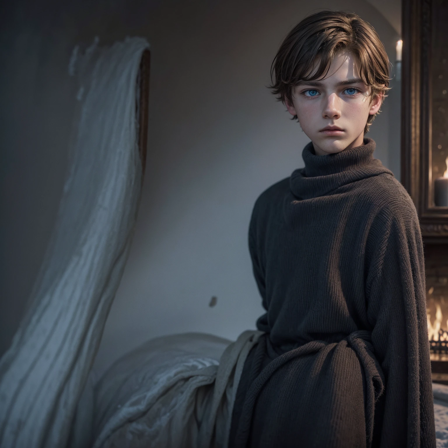 a beautiful boy, , rasgos Europeans muy finos, Brown hair, blue eyes, sad look, peaceful look, very sensible, very sad, ELEGANT DRESS, European, London, rain, Cold, winter, snow, Christmas, loneliness, melancholia, fire in the room, Chimney.