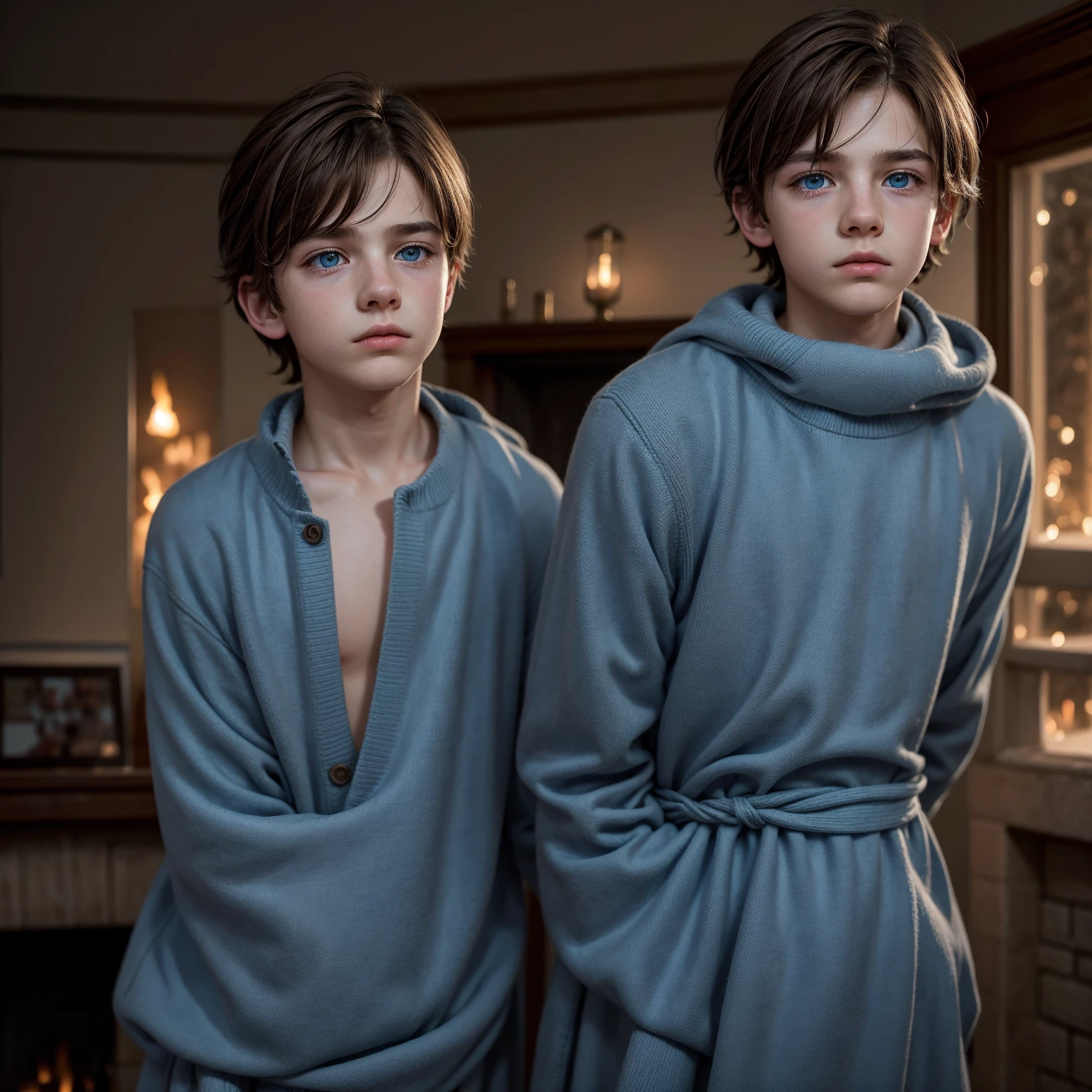 a beautiful boy, 12 years, rasgos Europeans muy finos, Brown hair, blue eyes, sad look, peaceful look, very sensible, very sad, ELEGANT DRESS, European, London, rain, Cold, winter, snow, Christmas, loneliness, melancholia, fire in the room, Chimney.
