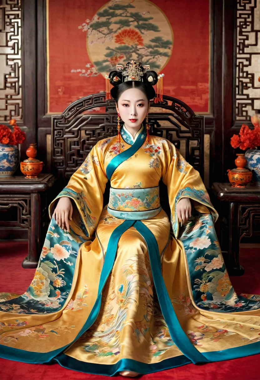 Gorgeous Empress of the Chinese Court during the Qing Dynasty Gorgeous Empress of the Chinese Court on a sofa, nude, large and golden, with her legs on the sofa, wide open, knees bent, in an M pose (pornographic pose), with her hair tied on both sides The background of this perverted and erotic woman wearing a crown and tying her hair is the Chinese court of the Qing Dynasty. The scene is set in the luxurious room of an empress in the Qing Dynasty Chinese court.
Translated with DeepL.com (free version)