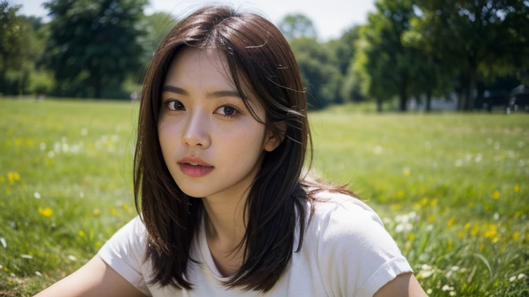 
Wide camera angle, half body, masterpiece, best quality, ultra detailed, ultra high res, detailed face, detailed skin texture, (photorealistic:1.4), (portrait:1.3), age 43, pink low cut neckline, short sleeves oversized t-shirt, brown hair, The meadow is in the background.