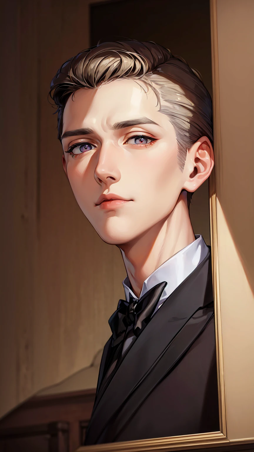 high resolution, Handsome, picture of a man with big eyes, a prominent nose, and a slender face. 24 years old, year 1957, white skin, big eyes like the eyes of a deer, wearing a suit, a high nose, a chubby mouth. Handsome and dignified