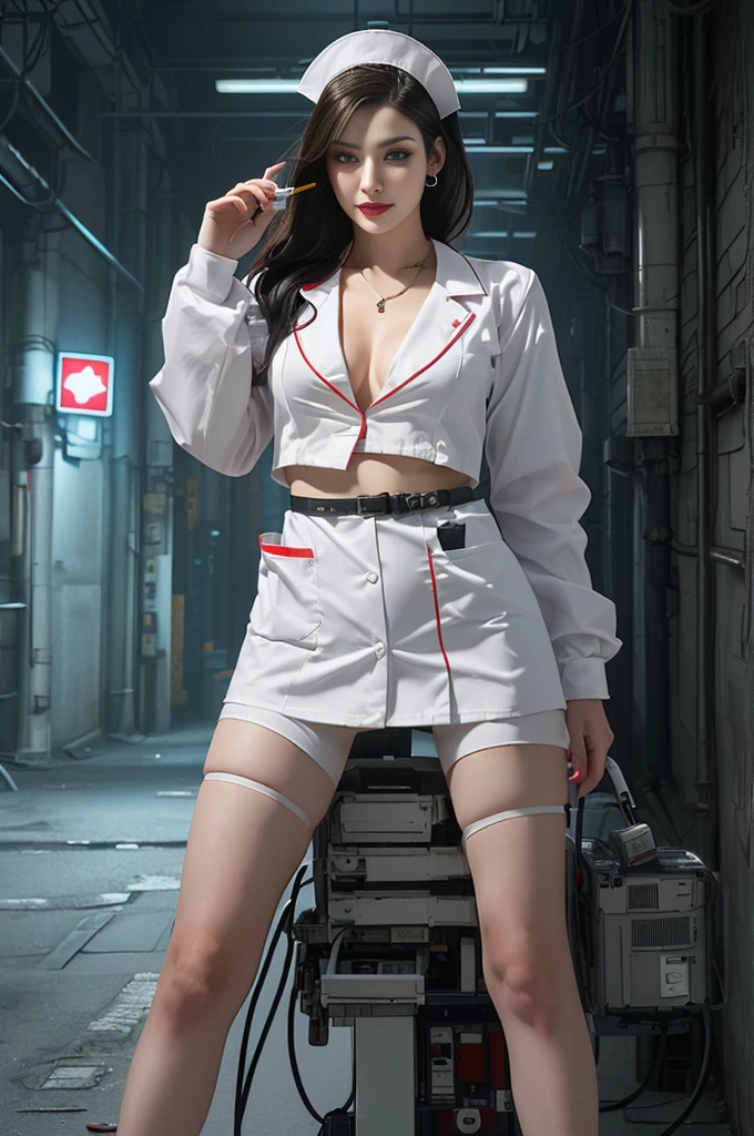 arafed nurse in a white uniform holding a cigarette, nurse girl, nurse, nurse costume, an alien robot naughty nurse, glamorous jill valentine, supermodel in silent hill, inspired by Ayami Kojima, close - fitting nurse costume, gordon freeman as a woman, cyberpunk judy alvarez, chell, cyberpunk dress, cyberpunk 2 0 y. o model girl, doctor, faye valentine