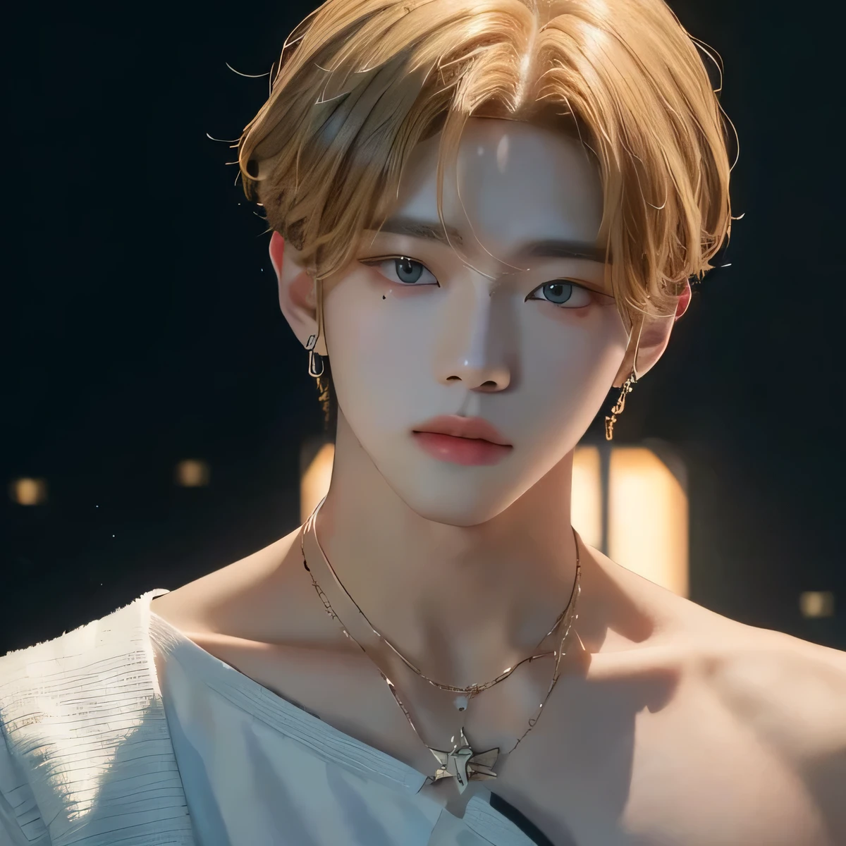 un primer plano de una persona con un collar en un collar, kim doyoung, cai xukun, yanjun chengt, inspirado en jeonseok lee, jinyoung shin, inspirado en Yanjun Cheng, inspirado en Bian Shoumin, Jung Jaehyun, kpop idol portrait, Jimin, retrato de jossi de blackpink, con pelo corto, delicate androgynous prince