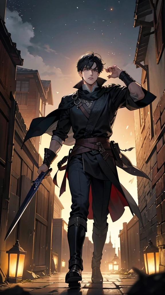 In a dark alley, typical of fantasy stories, with ancient stone walls and dim lanterns illuminating with a warm light. The ground is paved and the atmosphere is tense. In the center of the scene, a man with black hair and dark eyes holds a sword, Ready for the battle. In front of him, several thieves, also armed with fine swords, surround. Thieves have malicious expressions, while the black-haired man shows a look of determination and bravery. The night sky is barely visible between the tall buildings that line the alley., creating an even more somber and dramatic atmosphere.