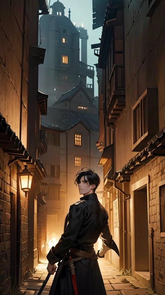 In a dark alley, typical of fantasy stories, with ancient stone walls and dim lanterns illuminating with a warm light. The ground is paved and the atmosphere is tense. In the center of the scene, a man with black hair and dark eyes holds a sword, Ready for the battle. In front of him, several thieves, also armed with fine swords, surround. Thieves have malicious expressions, while the black-haired man shows a look of determination and bravery. The night sky is barely visible between the tall buildings that line the alley., creating an even more somber and dramatic atmosphere.